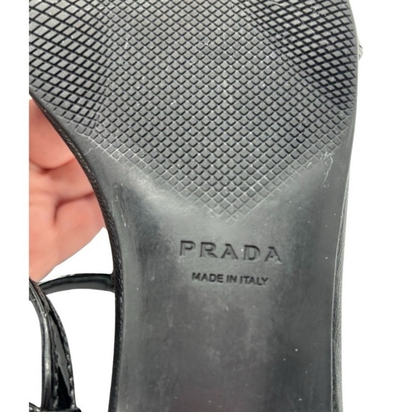 PRADA Black Patent Leather Sandals with Silver Block‎ Chain Detail - Picture 10 of 10